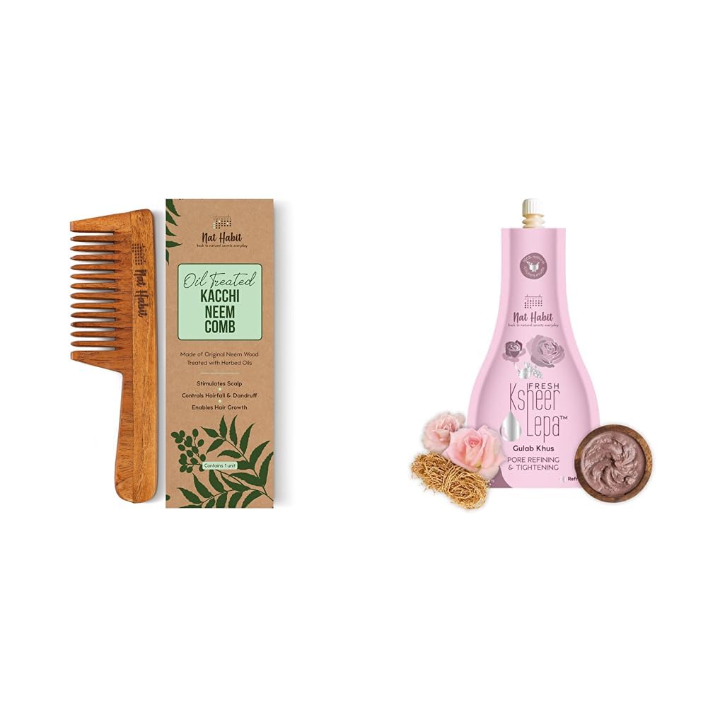 Nat Habit Neem Comb Combo Wide Tooth Neem Comb and Gulab Khus Face Pack 40g For Gentle Hair Detangling & Pore Refining & Tightening