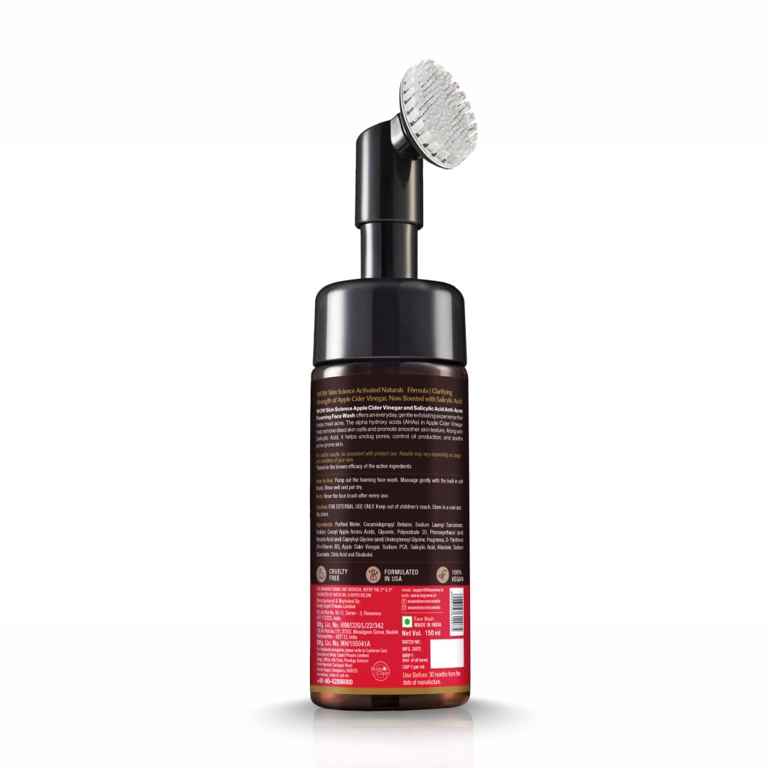 WOW Skin Science Apple Cider Vinegar Foaming Face Wash - No Parabens, Sulphate & Silicones (with built-in brush)