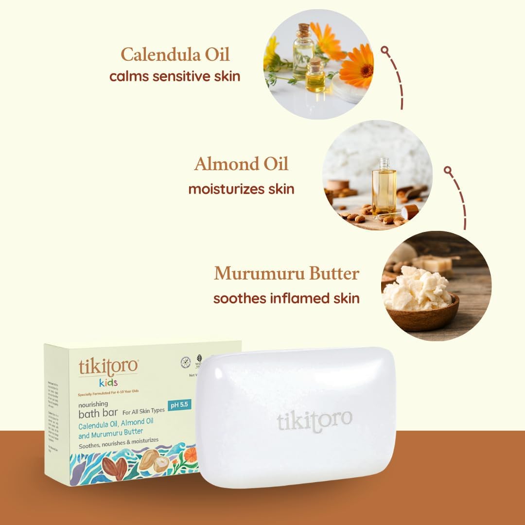 Tikitoro Kids Nourishing Bath Bar | Pediatrician Approved | Murumuru Butter Soap | Soothes, Nourishes and Moisturizes Skin | All Skin Types | Vegan | No Parabens & Sulphates (4-10 Years) (4 x 75g)