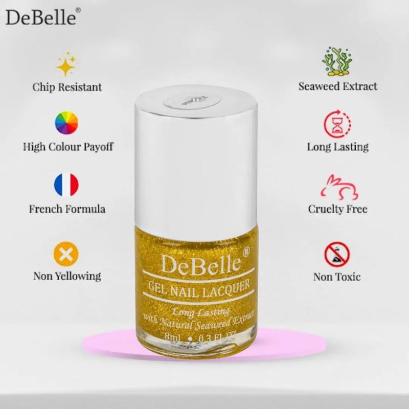DeBelle Gel Nail Polish Pegasus (Lime Yellow with Gold Glitter Sugar Finish Nail Paint)|Non UV - Gel Finish |Chip Resistant | Seaweed Enriched Formula| Long Lasting|Cruelty and Toxic Free| 8ml