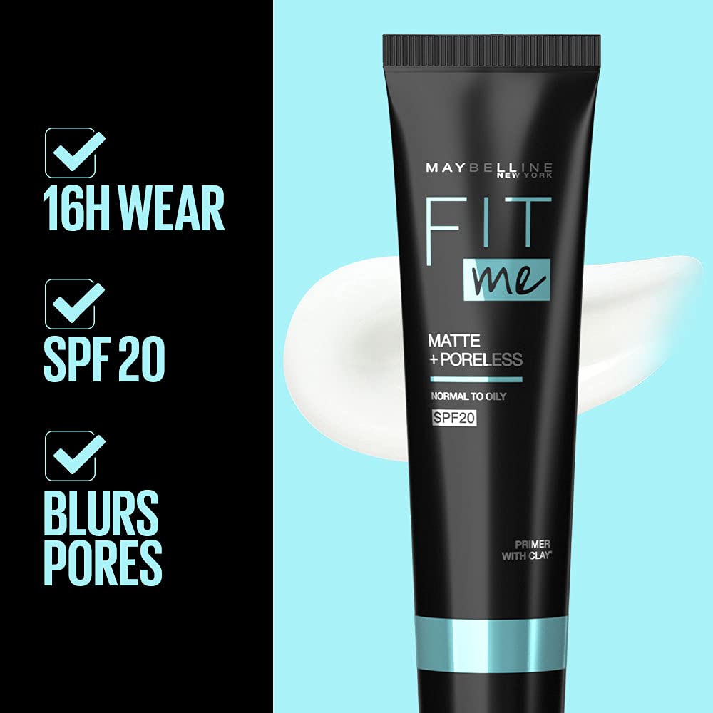 Maybelline New York Primer, Oils Absorbing, Moisturises and Smooths Skin, Long-lasting, Fit Me Matte + Poreless Finish, 8g
