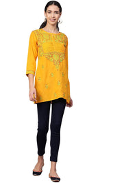 Ada Women's  Cotton Top Hand Embroidered Lucknowi Chikankari Tunic Kurti A226823 2XL Mustard