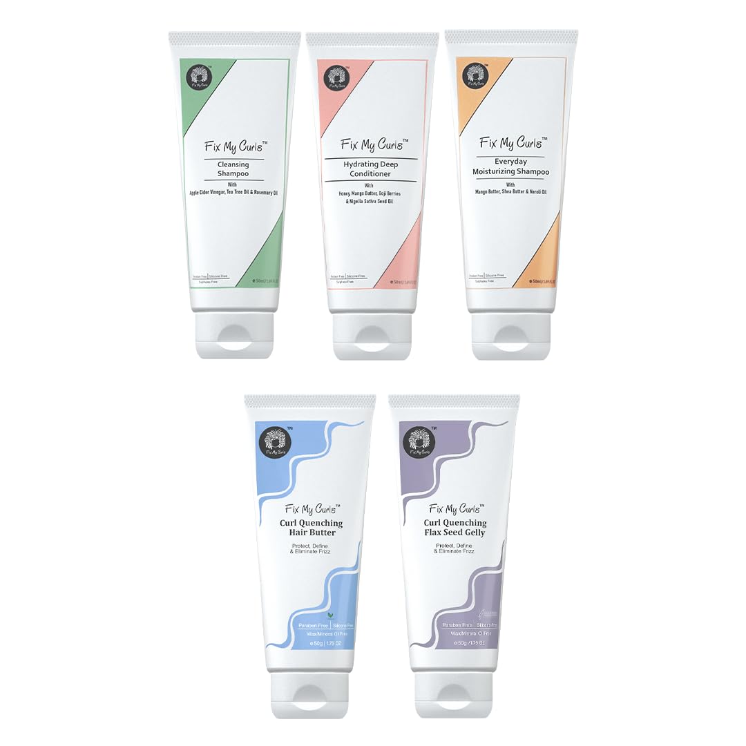 Fix My Curls Complete Curl Care Travel Kit| Cleansing Shampoo, Moisturizing Shampoo, Hydrating Conditioner, Hair Butter & Curl Quenching Gelly for Soothing, Moisturizing & Defining Curls|50ml Each