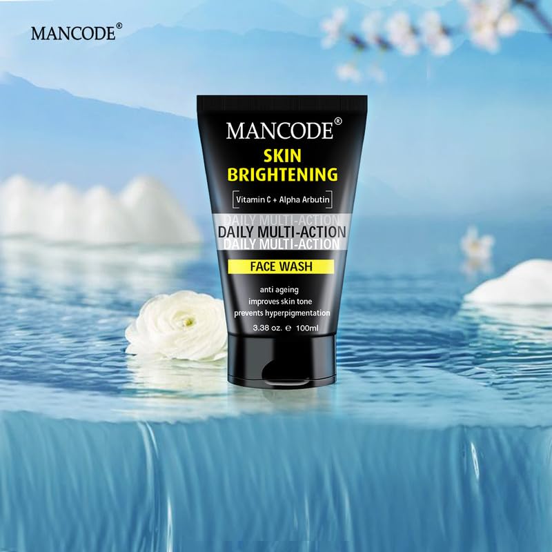 Mancode Daily Action Face Wash for Men with Vitamin C and Alpha Arbutin- Clear Skin, Oil Control, Acne Defense, Dark Spot Reduction, Pollution Protection - Pack of 1 | Men's Face Wash-100ml
