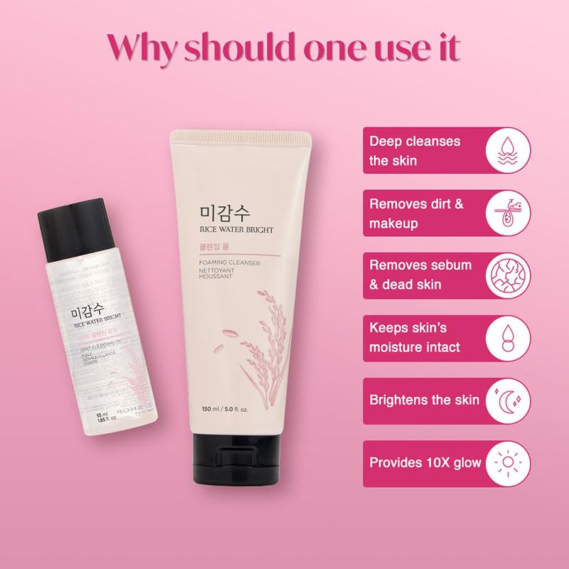 The Face Shop 2 Step Rice Water Bright Kit | Rice Water Bright Foaming Face Wash 100ml + Rice Water Bright Light Cleansing Oil 55ml