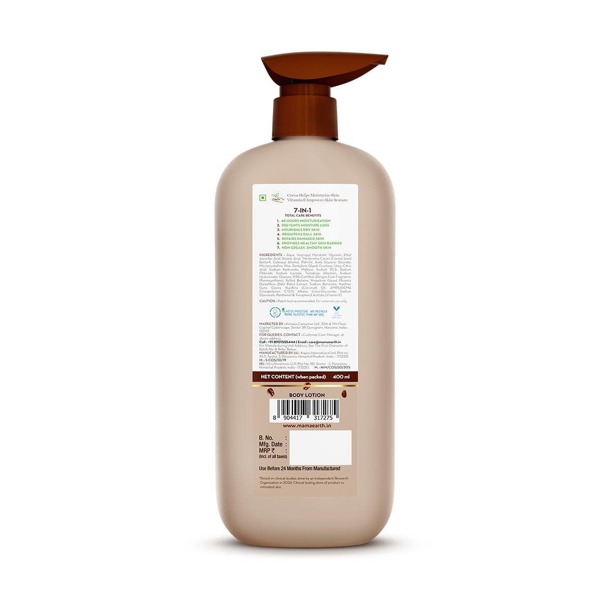 Mamaearth Cocoa Rich Moisturizing Body Lotion with Cocoa Butter & VitaminE for Deep 48H Moisturization 400ml For Very Dry Skin | 7in1 Total Care Benefits | 100% Natural Butter | Non-Greasy Smooth Skin