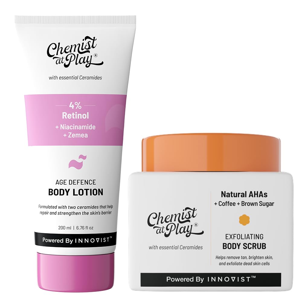 Chemist at Play Anti-Aging Body Lotion with 4% Retinol, Niacinamide & Zemea 200ml + Exfoliating Body Scrub For Removing Tan & Dead Skin Cells | Helps With Rough & Bumpy, Tanned & Pigmented Skin 75gm
