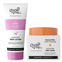 Chemist at Play Anti-Aging Body Lotion with 4% Retinol, Niacinamide & Zemea 200ml + Exfoliating Body Scrub For Removing Tan & Dead Skin Cells | Helps With Rough & Bumpy, Tanned & Pigmented Skin 75gm
