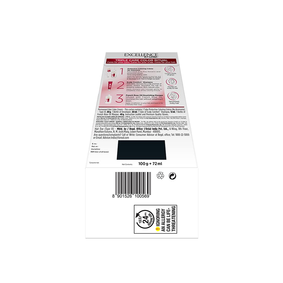 L'Oréal Paris Permanent Hair Colour, Radiant At-Home Hair Colour with up to 100% Grey Coverage, Pro-Keratin, Up to 8 Weeks of Colour, Excellence Crème, 3.16 Burgundy, 72ml+100g (Pack of 2)