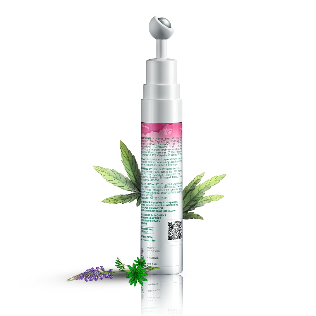 Hampa Hemp Youthful Eyes Elixir, Erase Fatigue, Reduce Under-Eye Puffiness, and Brighten Dark Circles and Fine Lines, With Hemp, and Ayurvedic Herbs, No Harmful Chemicals, Ayurvedic, 15 ml Roll-on