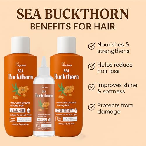 TryOnes Sea Buckthorn Hair Care Combo | Shampoo (250ml) + Conditioner (250ml) + Hair Oil (100ml) | Promotes New Hair Growth, Strengthens Hair | Paraben & Chemical-Free | For All Hair Types