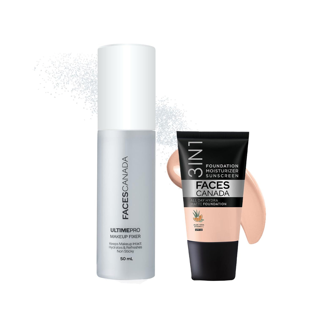 FACES CANADA Waterproof Fix & Finish Kit | Makeup Fixer (50ml) + Rose Ivory All Day Hydra Matte Mini Foundation (18ml) | Makeup Kit For Women (Combo Pack of 2)