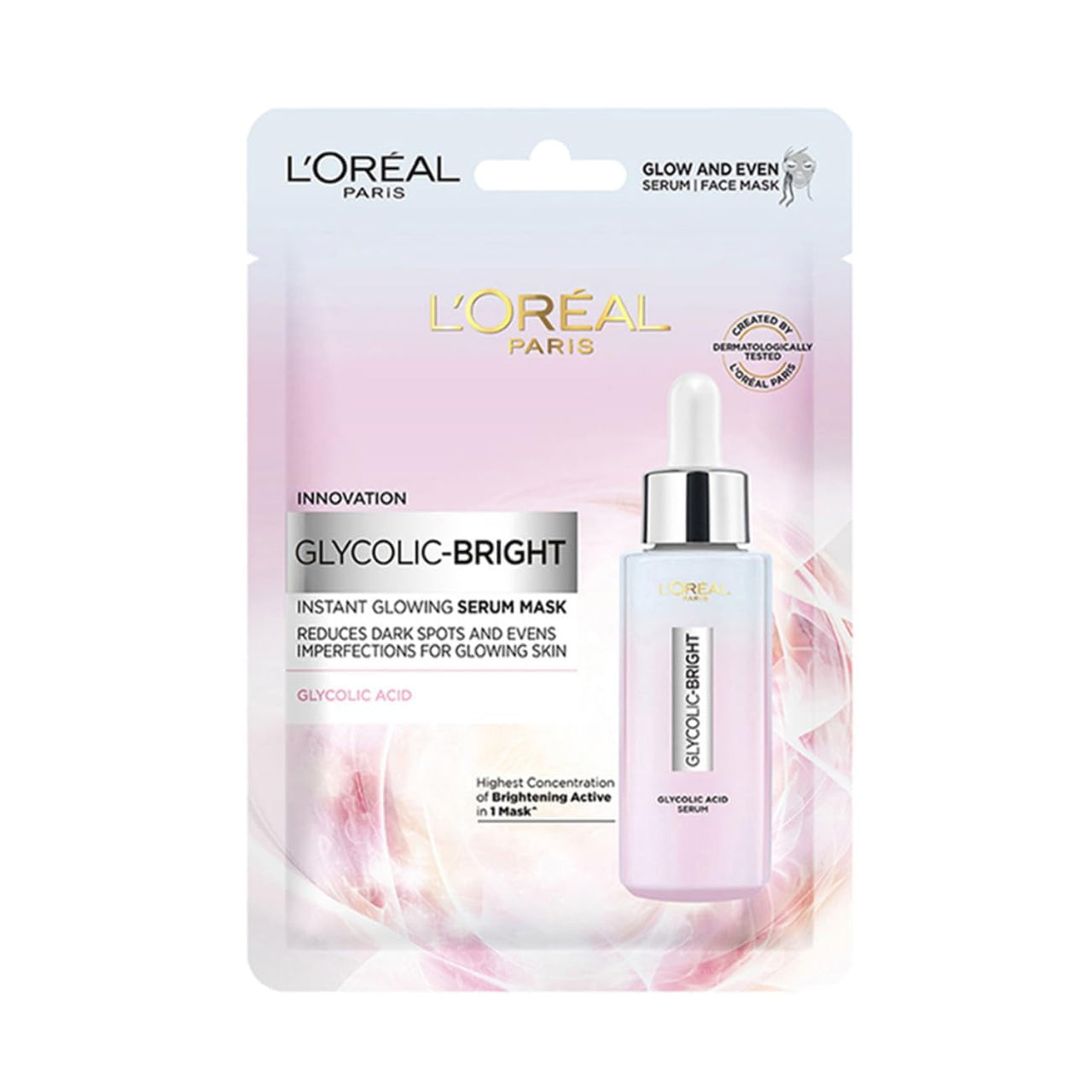 L'Oreal Paris Glycolic Bright Glowing Serum Sheet Mask, Face Mask for Glowing Skin, 22 g (pack of 5)