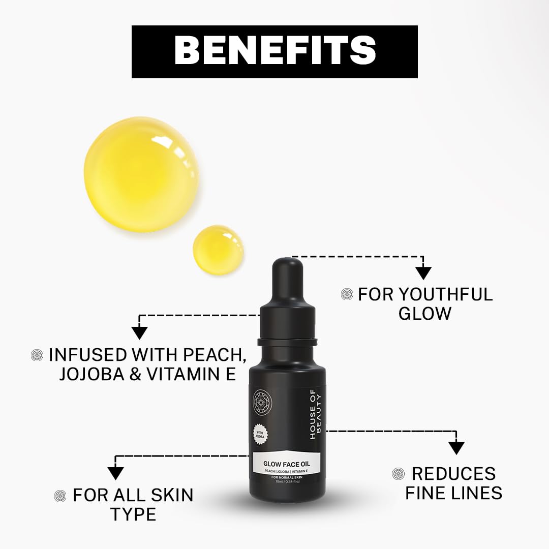 House Of Beauty Peach & Jojoba with Vitamin E - Glow Face Oil for skin brightening, reduce wrinkles, dark spots, Hydrating, Natural & Nourishing Facial Oil for Radiant Skin, Lightweight & Non-Greasy - 10 ml (Pack of 1)