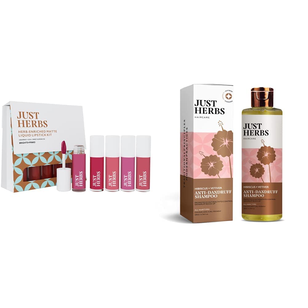 Just Herbs Ayurvedic Liquid Matte Lipstick Kit Set Of 5 With Long Lasting,Hydrating&Lightweight Lip Colours - Paraben&Silicon Free (Brights&Pinks)&Dandruff Control Ayurvedic Soya Protein Shampoo