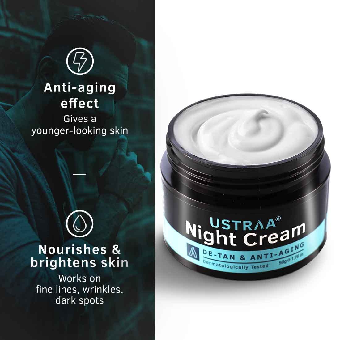 Ustraa De-Tan Face Mask - Dry Skin - 125 gm - Wash-off mask | with White Charcoal | Helps Remove Tan & Pollutants & Night Cream - De-Tan & Anti-Aging Cream for Men - 50g | for Effective Tan Removal