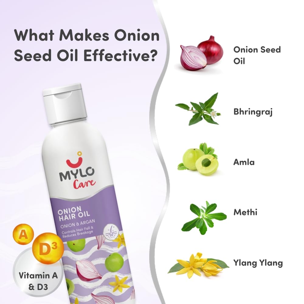 Mylo Care Anti Hair Fall Combo (Onion Oil & Onion Shampoo) 200 ml Each| Contains Bhringraj, Vitamin E, Argan Oil, Onion Seed Oil| Controls Hairfall & Nourishes Hair Roots