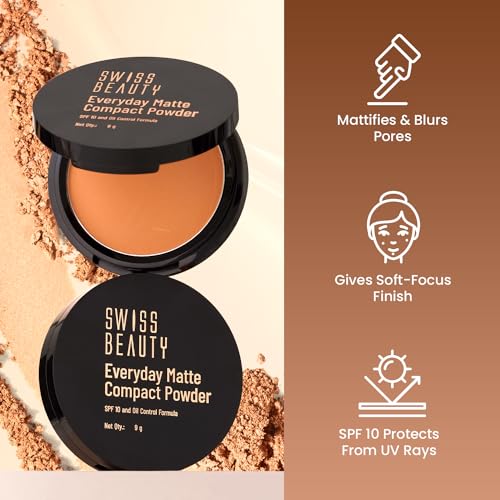 SWISS BEAUTY Everyday Matte Lightweight Compact For All Skin Types With Spf 10 | 12 Hours Of Oil Control | Mattifies Pores And Fine Lines | Comes With Sponge Applicator | Shade- 03 Vanilla, 9g