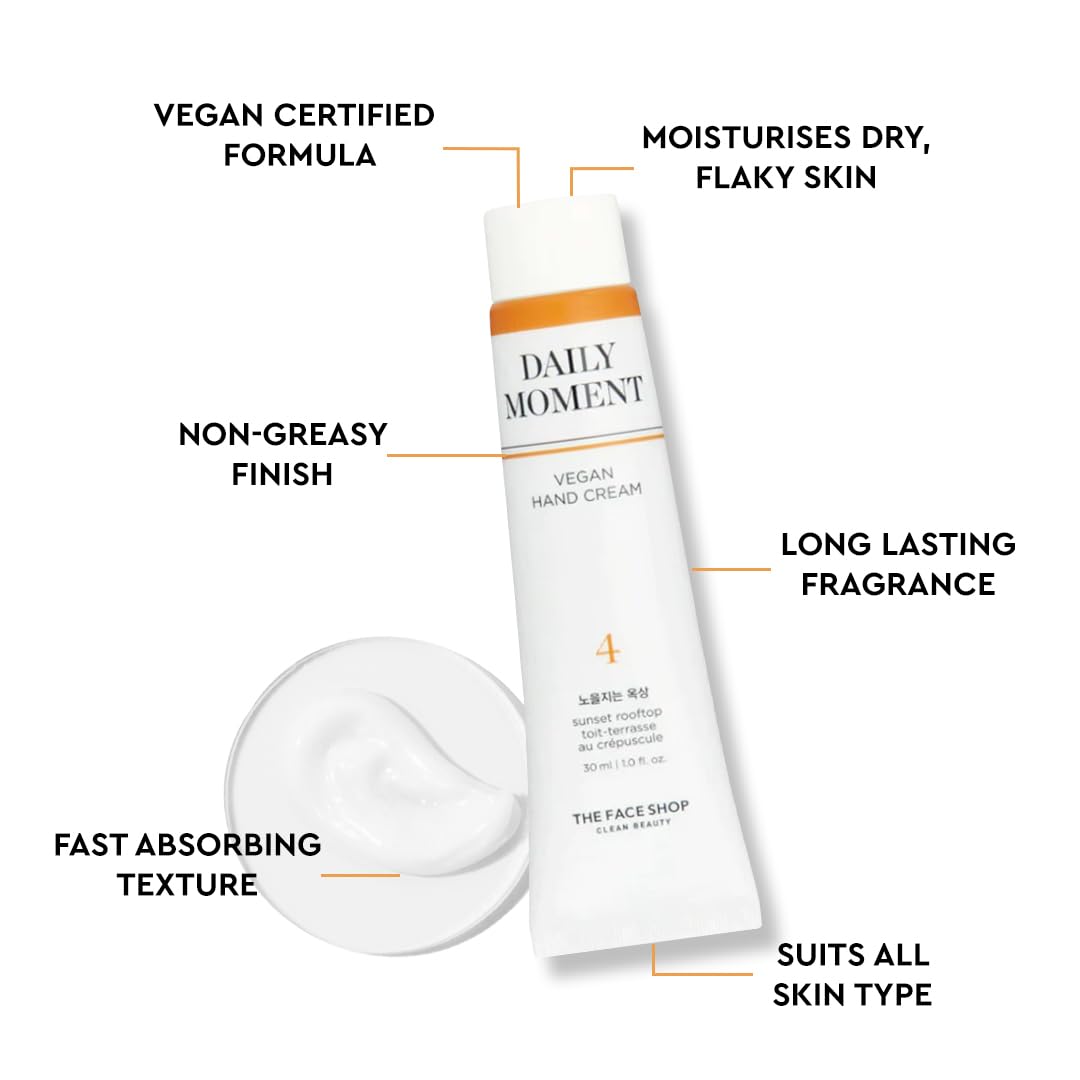 The Face Shop Daily Moment Vegan Hand Cream Sunset Rooftop with Hyaluronic Acid & Shea Butter, Non-Greasy & Quick absorbing hand care cream, 30ml