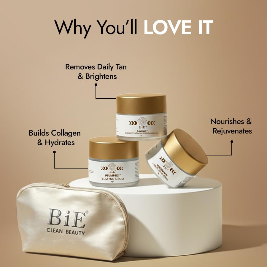 BiE Daily Glow Trial Kit | Travel Size Skincare Combo Set | Face Mask, Serum , Moisturiser & Travelling Pouch | Instantly Detans, Hydrates, Boosts Collagen & Strengthens Skin Barrier | 4pcs