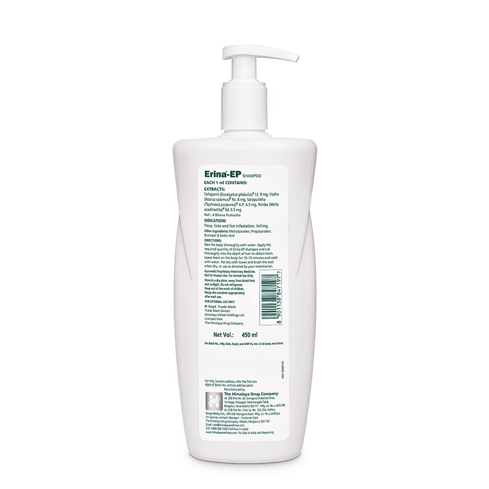 Himalaya Erina EP Shampoo for Dogs and Cats| Anti-Tick and Flea Formula with Natural Ingredients for Healthy Skin and Coat | 450 ml