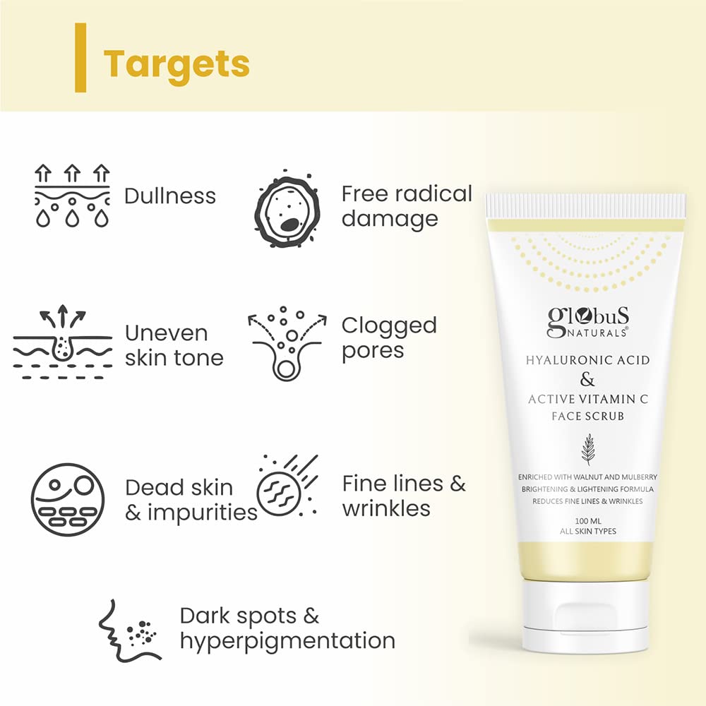 Globus Naturals Hyaluronic Acid & Vitamin C Anti Ageing Face Scrub, Enriched with Rose & Glycerine, Skin Lightening & Brightening Formula, 100 gm