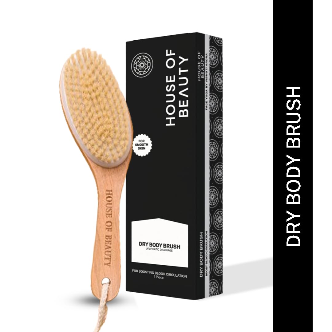 HOUSE OF BEAUTY Wooden Dry Body Brush For Body Massage With Long Handcrafted Handle, Natural Exfoliating, Lymphatic Drainage, Cellulite, Blood Circulation & Dead Skin, Brown - (Pack OF 1)