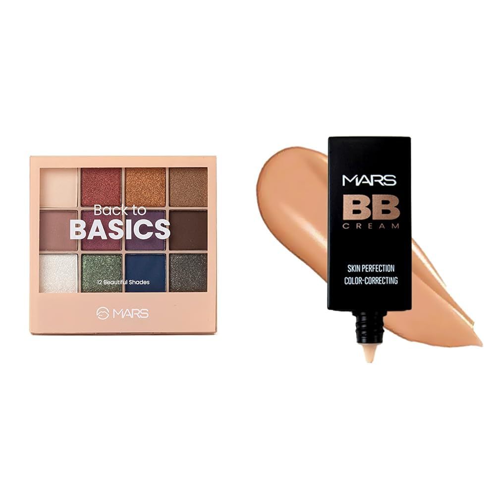 MARS 12 Shades Back to Basics Eyeshadow Palette with Free Applicator (14.4 gm) BB Cream Lightweight Foundation | Blendable BB Cream for Women | Colour Correction for All Skin Types (30 ml) (Biscuit)
