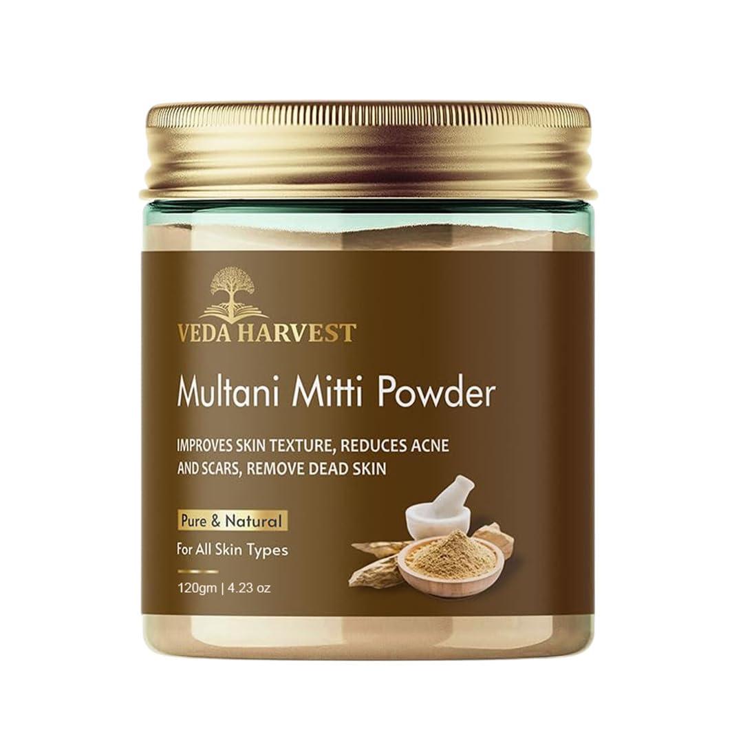 Veda Harvest Multani Mitti 120g | Natural Face & Hair Pack Powder | Fuller’s Earth for Exfoliating, Nourishing, Oil Control & Smoothening | Suitable for All Skin Types