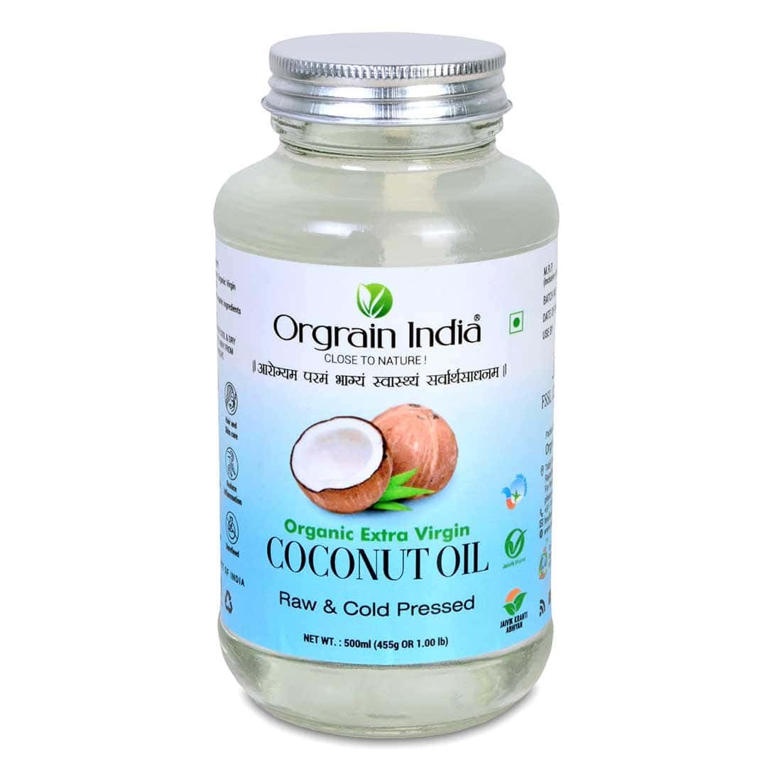 Orgrain India Certified Organic Raw Cold Pressed Extra Virgin Coconut Oil | Unrefined, Zero Heat Process, Supports Immunity, Hair & Skin, Massage, 100% Edible with Rich Tropical (500ml)