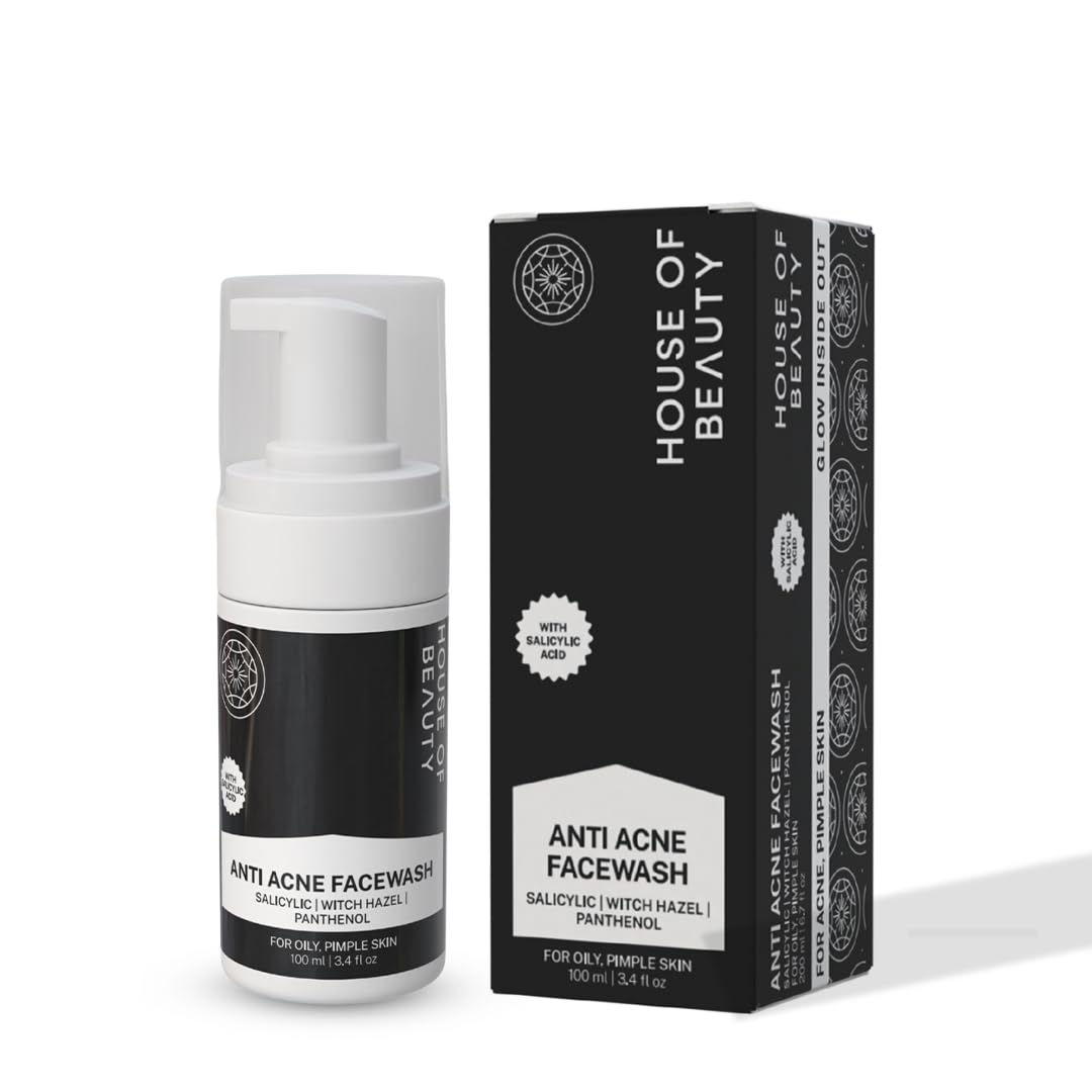 House of Beauty Anti Acne Foam Face Wash | Reduces Oil on Face, Deep Cleanses Pores, Reduces White Heads & Black Heads (100ml, Pack of 1)