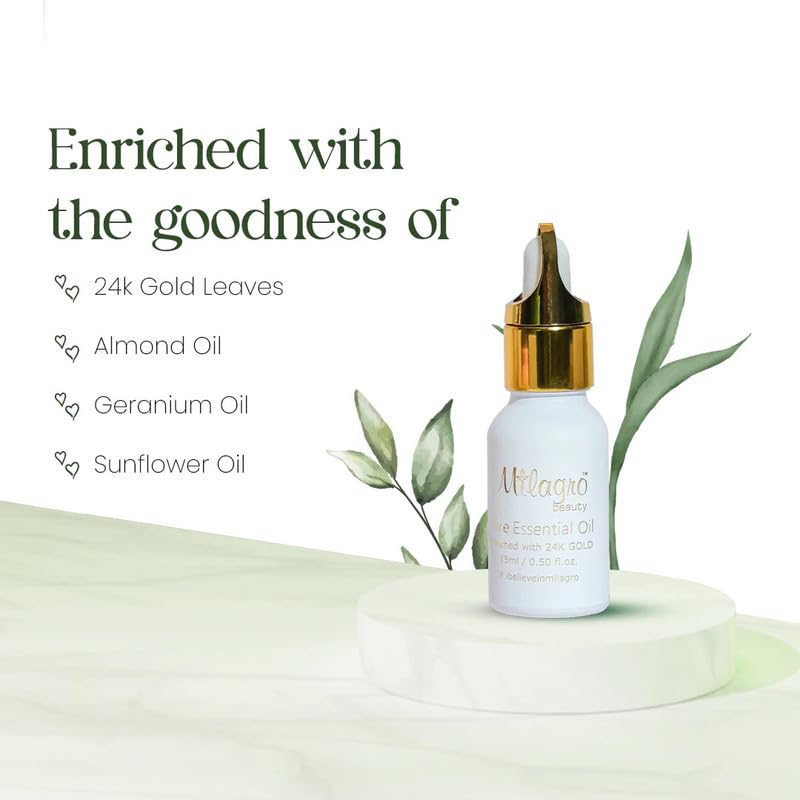 Milagro Beauty Essential Oil For Skin 24K Gold, Sunflower & Almond Oils, Toner Alcohol & Fragrance Free, Fades Blemishes, Brightens & Smoothens Skin, 100% Vegan Skincare Treatment (5Ml)