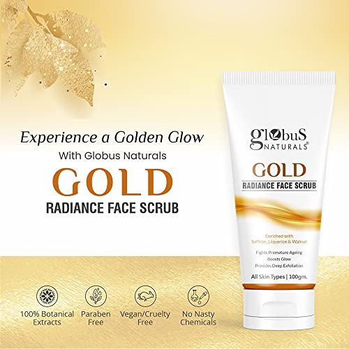 Globus Naturals Gold Radiance Anti Ageing & Brightening Face Scrub Enriched with Saffron, Liquorice & Walnut, 100 gms