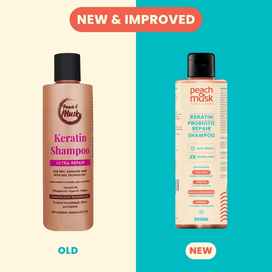 Peach & Musk Sulphate-Free Keratin Anti-Frizz Shampoo for Dry, Damaged Hair | Plant Based | Enriched with Probiotic & Collagen | Nourishing Shampoo for Smooth, Dry & Frizzy Hair | 250 ml