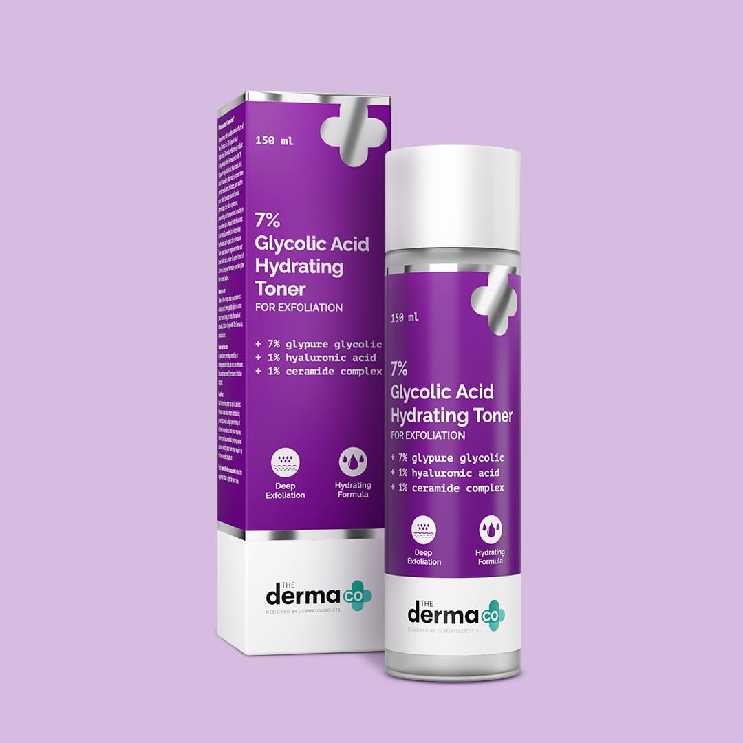The Derma Co . 7% Glycolic Acid Hydrating Toner Hyaluronic Acid & Ceramide Complex For Glowing Skin Multi-Purpose Exfoliating Toner For Face,Body,Underarms & Scalp LotionI For Dull & Uneven Skin150Ml