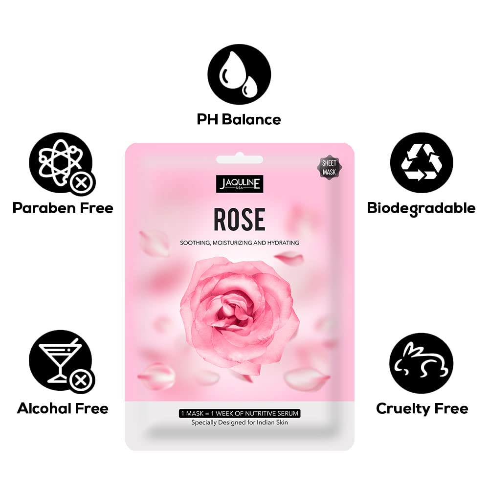 Jaquline USA Rose Sheet Mask| Zero Paraben And Sulphate| Biodegradable Ber Masks| Light-Weight| Hydrating And Skin Firming, 1 Count