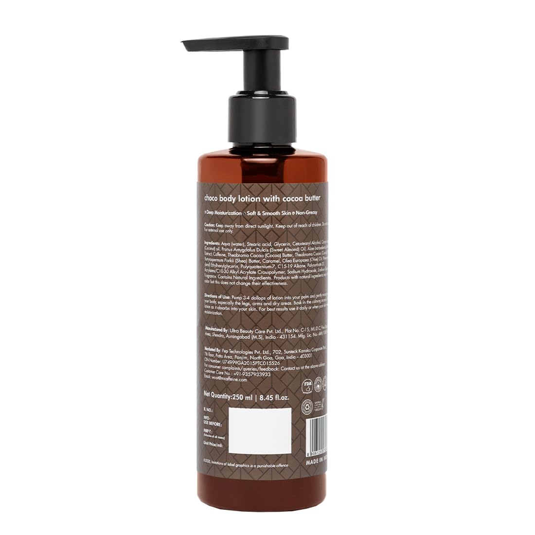 mCaffeine Deep Moisturizing Choco Body Lotion for Dry Skin | All Season Moisturizer for Body with Cocoa Butter & Shea Butter | Non-Sticky Body Lotion for Women & Men (250ml)