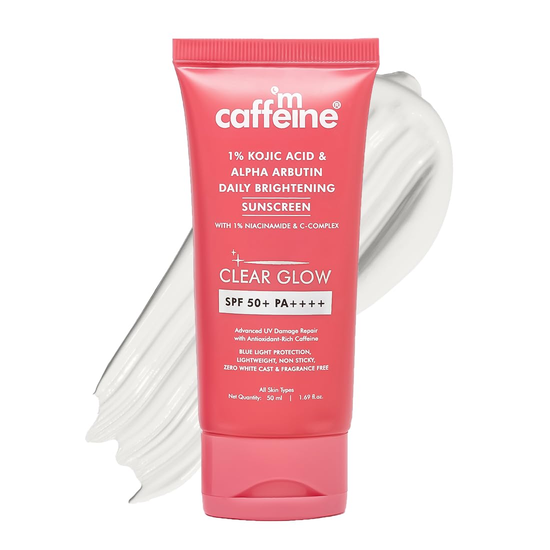mCaffeine CLEAR GLOW 1% Kojic Acid & Alpha Arbutin Brightening Sunscreen SPF 50 PA++++ |Niacinamide-Dark Spots & Pigmentation| UVA-B Sun Protection|For Men & Women - 50ml For All Skin Type