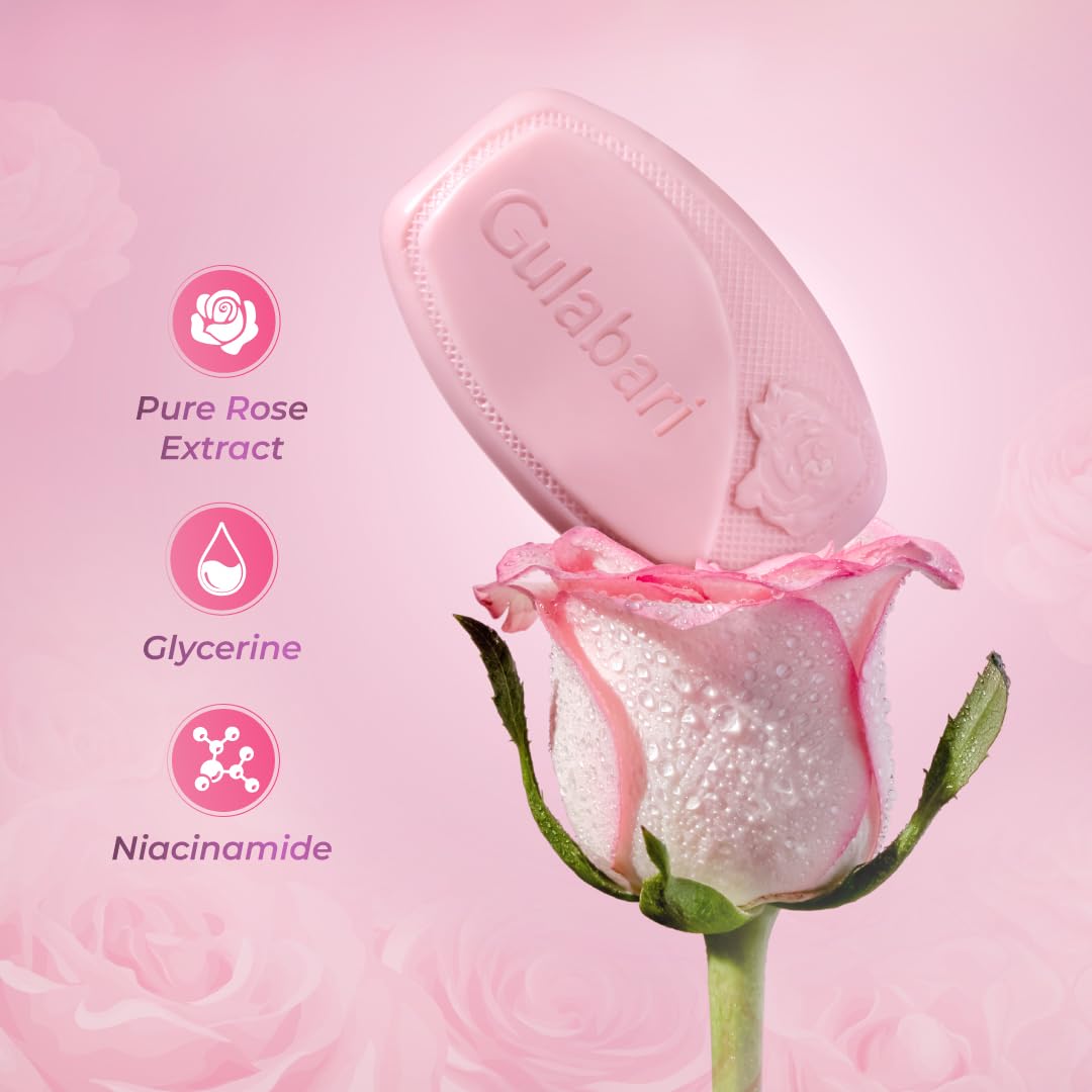 Dabur Gulabari Pure Rose Soap 150g (Pack of 8) | Moisturizing Bathing Soap for Radiant Rose Glowing Skin & Body | Pure Rose Extract, Glycerine & Niacinamide | Long Lasting Fragrance | For Men & Women