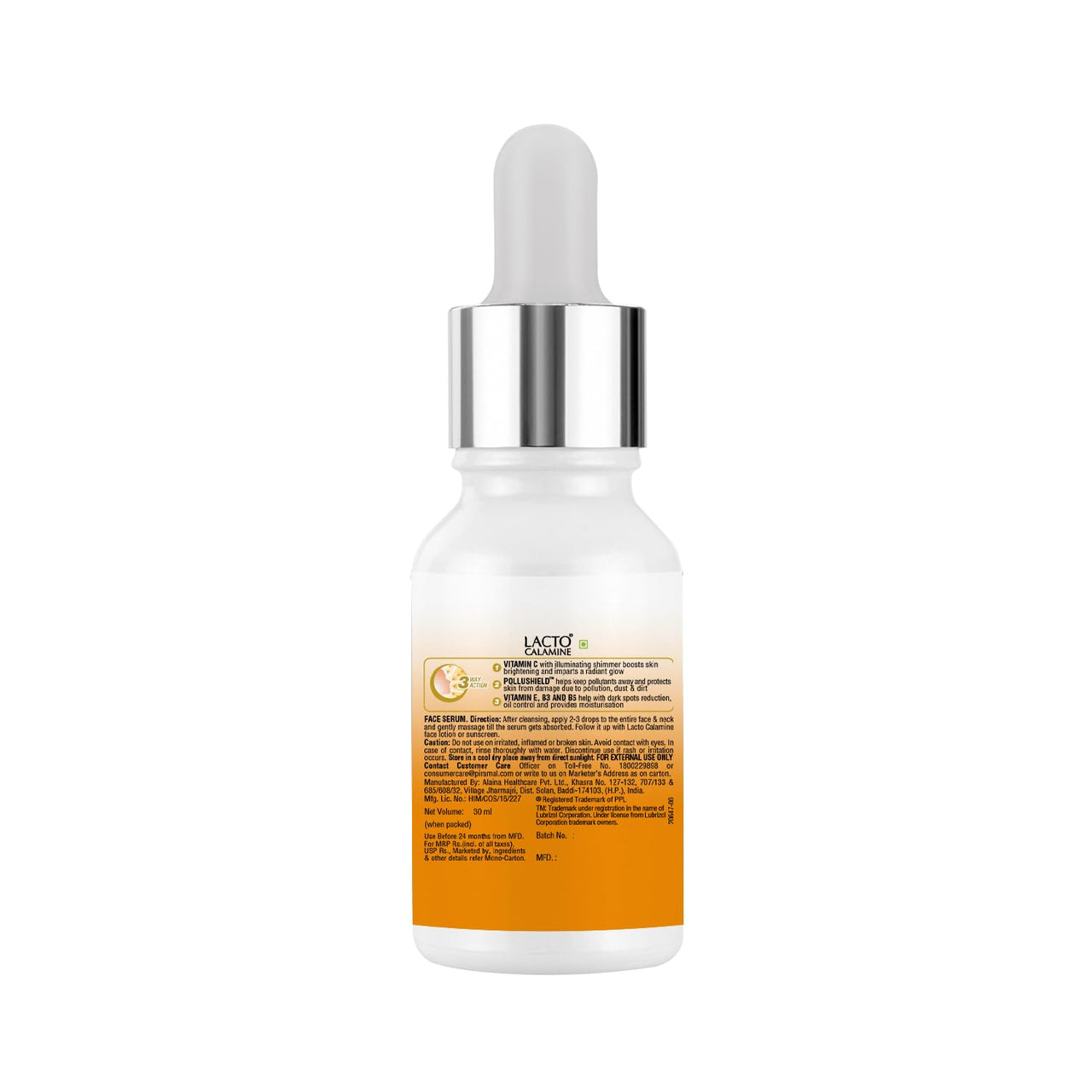 Lacto Calamine Vitamin C Face Serum with 98% Pure Vitamin C Complex | 30ml | Glowing Skin with Niacinamide | Vitamin C Serum For Dark Spots Reduction & Moisturization | Pollushield, Vitamin E, B3 & B5