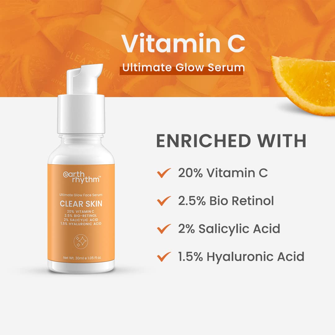 Earth Rhythm 20% Vitamin C Serum for Glowing & Clear skin with Hyaluronic & Salicylic Acid| Hydrates Moisturizes & Brightens | Suitable for Oily Sensitive & Acne Prone Skin| Men & Women - 30ml