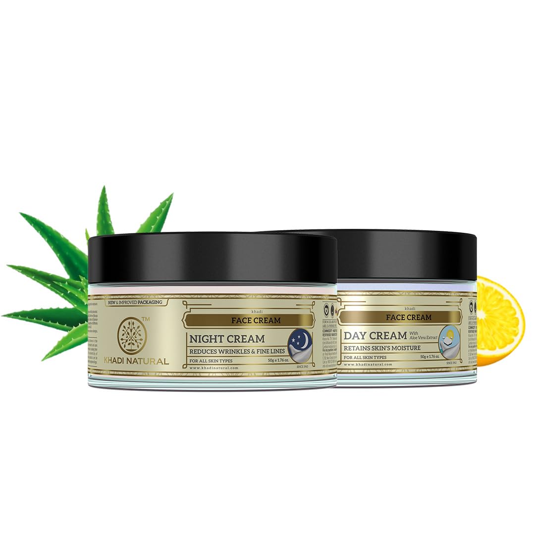 Khadi Natural Herbal Combo Of Day Cream And Night Cream|Fades spot and blemishes|Create moisture barrier|Suitable for all skin types| Combo Pack (50Gm each)