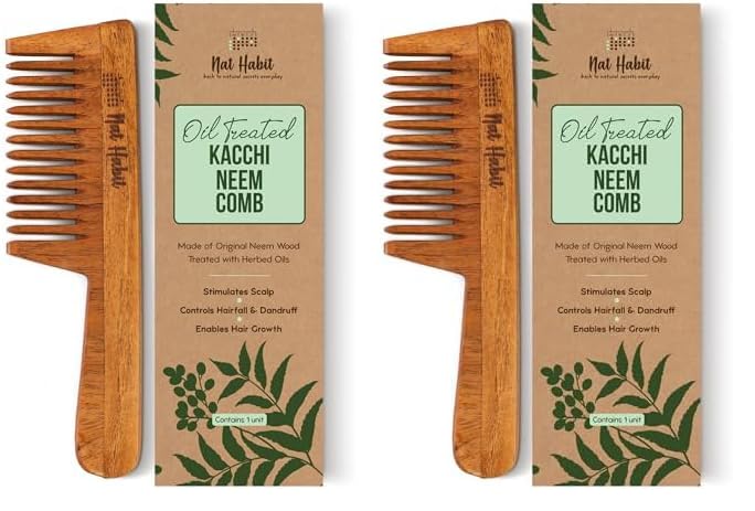 Nat Habit Kacchi Neem Wooden Comb - Soaked In 17 Herbs, Neem & Sesame Oil For Multi-Actions - Detangling, Frizz Control & Shine Suited For All Hair Types (Wide Tooth) (Pack of 2)