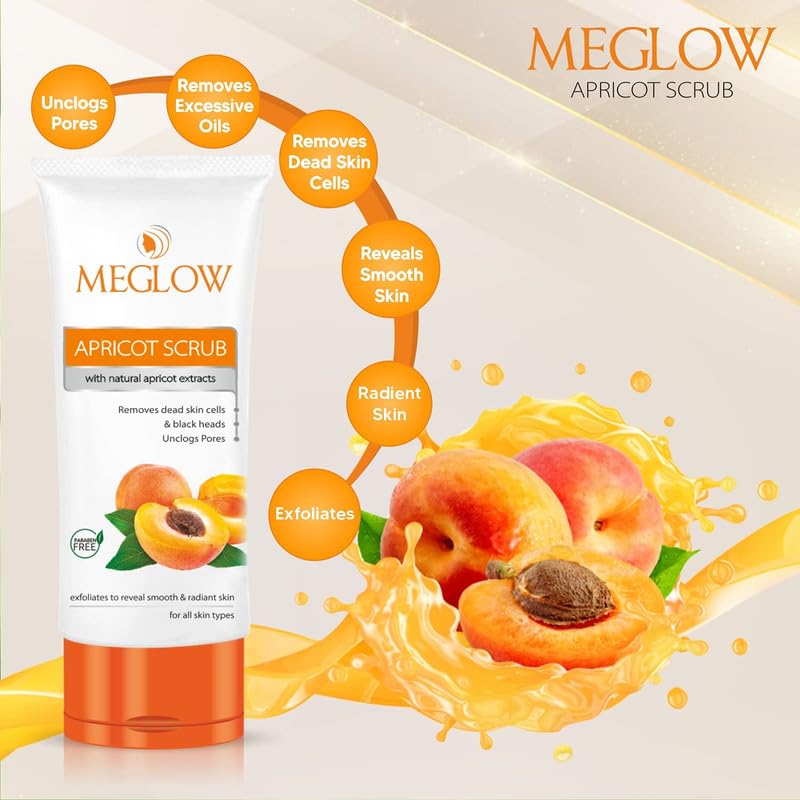Meglow Apricot Scrub 70g Each, Pack of 3 – Paraben Free Formula || Enriched with Natural Apricot Extracts, Vitamin E and Aloe Vera Extract || Remove Dead Skin Cells || All Skin Type || Helps to Make Skin Smooth and Radiant