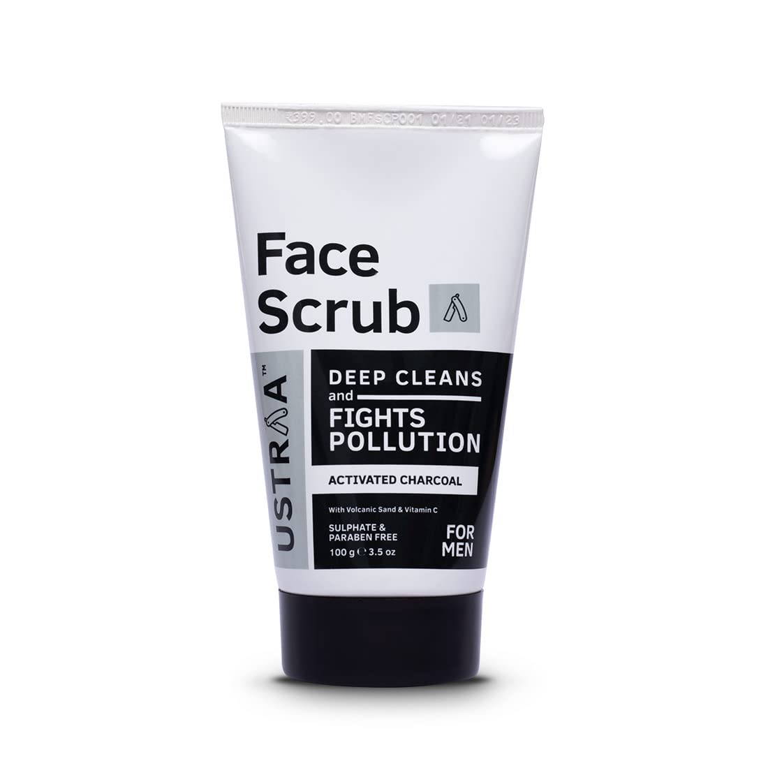 Ustraa Face Wash - Mint Cool - For Dry to Normal Skin - 100g | Reduces Moisture Loss & Activated Charcoal Face Scrub - 100g | with Tahitian Volcanic Sand & Walnut Granules | Fights Blackheads