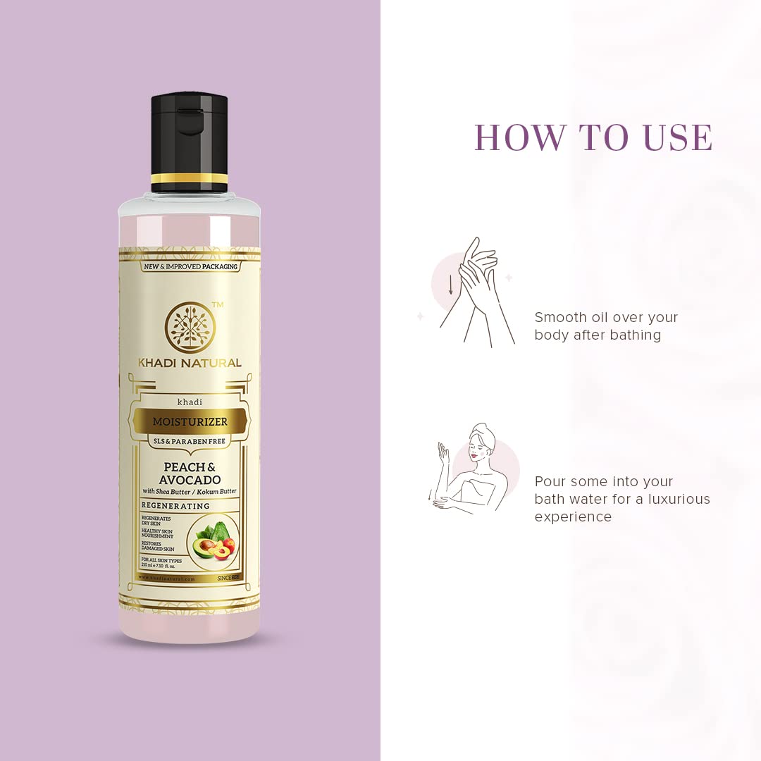 KHADI NATURAL Peach and Avocado Herbal Moisturizer With Shea/Kokum Butter | Moisturizer for Dry Skin | Body Lotion for Soft Skin | SLS and Paraben Free, 210 ml | Suitable for All Skin Types