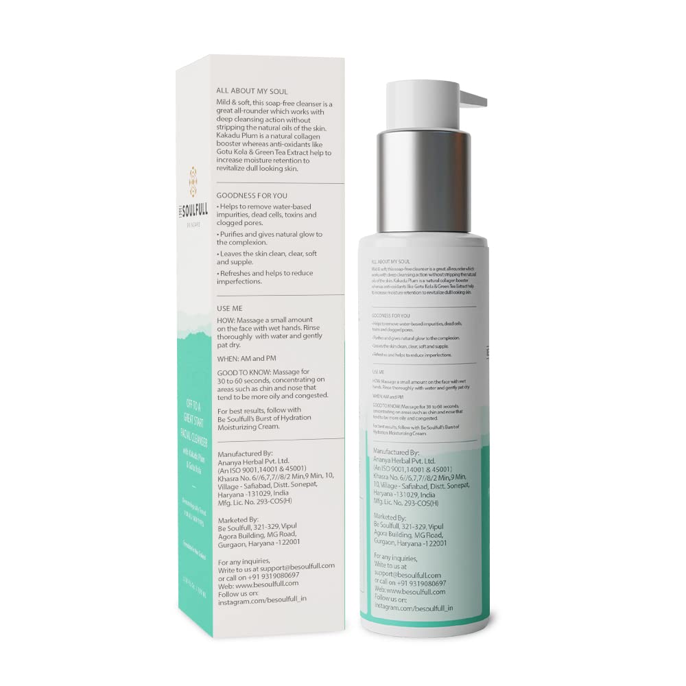 BE SOULFULL Facial Cleanser with Kakadu Plum & Gotu Kola Cleansing Gel, Soap-Free Daily Face Wash For Gentle Cleansing With Licorice Root, Remove Impurities, Moisturizes & Improves Skin Texture, 100ml
