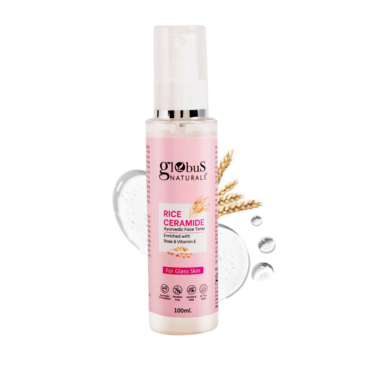 Globus Naturals Rice Ceramide Ayurvedic Face Toner, Enriched with Green Tea and Vitamin E, For Glass Skin,100 ml
