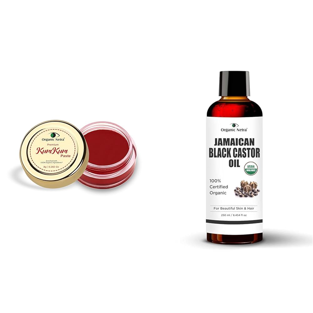 Organic Netra Sindoor/Kumkum Paste -8gm and Organic Netra Cold Pressed Jamaican Black Castor Oil for Hair Growth - 250ml