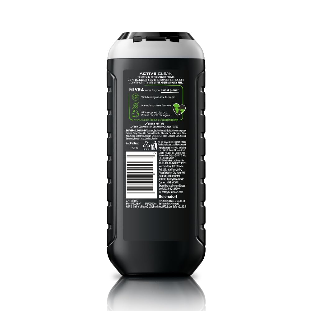 NIVEA Men Body Wash, Active Clean with Active Charcoal, Shower Gel for Body, Face & Hair, 250 ml